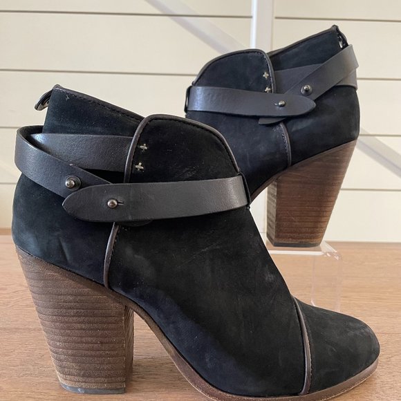 Rag & Bone Harrow Booties | Black Suede Wooden Heel | Women's Size 38.5 - Picture 1 of 9